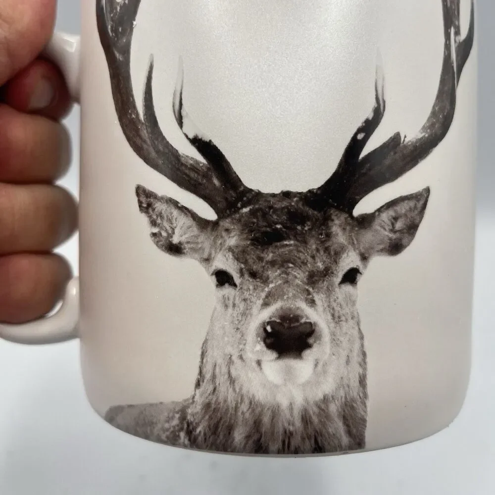 Pier 1 Snow Forest Winter Buck Deer Porcelain Coffee Mug Dishwash Microwave 5”